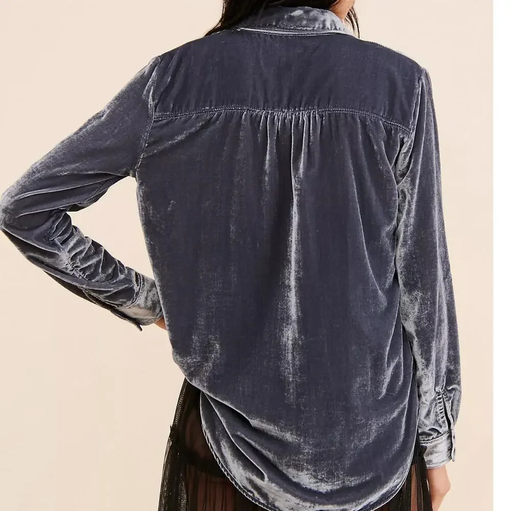 pilcro anthropologie hadley purple relaxed velvet buttondown shirt blouse - Picture 6 of 10